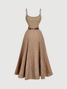 SHEIN MOD Women's Light Brown Extra Long Dress With Belt,Autumn/Winter, Women's Clothes,Thanksgiving,Jacquard Lace,Western Wear Women,Western Outfit,Boho Chic,Brown,Casual Dress For Women,