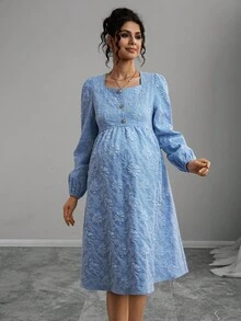 SHEIN 孕妇圆领提花面料纽扣前长袖连衣裙，春秋 - 藍色 - 查看 5