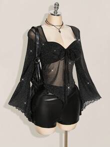 SHEIN ICON 大码闪亮喇叭袖前系带性感方领衬衫 - 黑色 - 查看 5