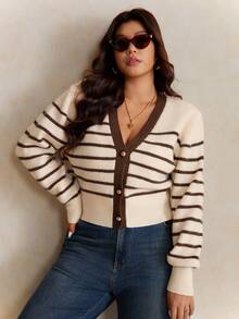 Elaquor Plus Size Women Striped Long Sleeve Casual Knit Cardigan, Autumn/Winter - Brown - View 7