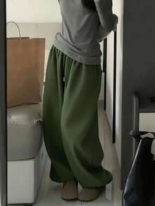 INAWLY 女式松紧腰抽绳口袋宽松休闲慢跑裤 - 軍綠色 - 查看 4