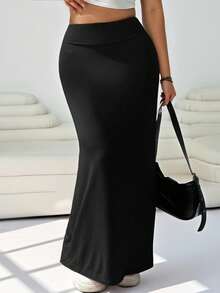 Solflare Váy đuôi cá cạp cao màu trơn cỡ lớn thanh lịch cho nữ, mùa thu/đông - màu đen - Xem 1