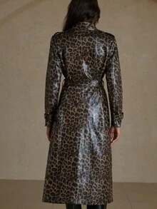 Aveloria Rosie Jachetă lungă cu imprimeu leopard, din piele întoarsă artificială, cu rever clasic, cu curea, în talie, stil european și american - Multicolor - Vizualizare 2