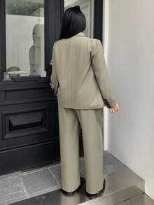 Dazy Plus Plus Size Women Business Casual Suit Set - Solid Color Lapel Asymmetric Placket Cardigan Jacket & Loose Fit Pants Fall/Winter