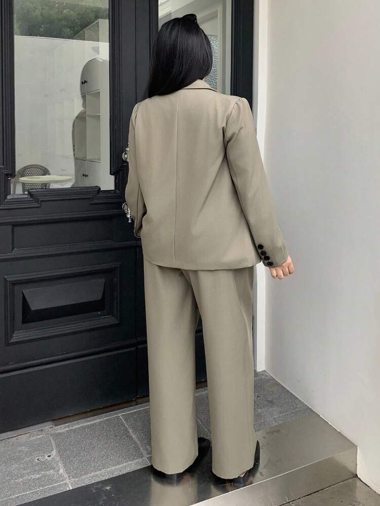Dazy Plus Plus Size Women Business Casual Suit Set - Solid Color Lapel Asymmetric Placket Cardigan Jacket & Loose Fit Pants Fall/Winter