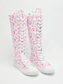 Solezae Giày bốt cao cổ đế dày vải hoa thời trang mùa đông ấm áp dễ thương cho nữ, màu hồng - trắng - Xem 2