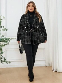 SHEIN CURVE+ Blazer casual con colletto a tacca, manica lunga, bottoni davanti, in tessuto a quadri, adatto per taglie comode, in materiale tweed, giacca blazer nera, giacca invernale da donna, con paillettes, adatta per feste, autunno/inverno