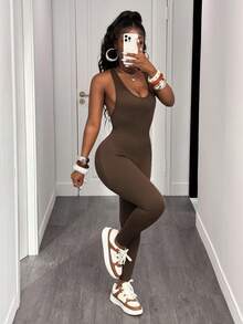 Slaydiva 女士无袖简约修身休闲性感运动连体裤 - 咖啡棕 - 查看 6