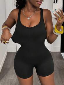 Slaydiva Women's Solid Color Criss-Cross Back Casual Fitness Sports Romper - Black - View 5
