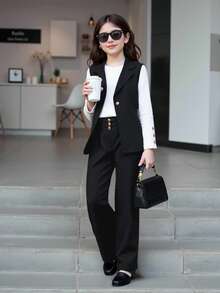 SHEIN 青少女3入組休閒無袖西裝外套，長袖上衣和長褲套裝