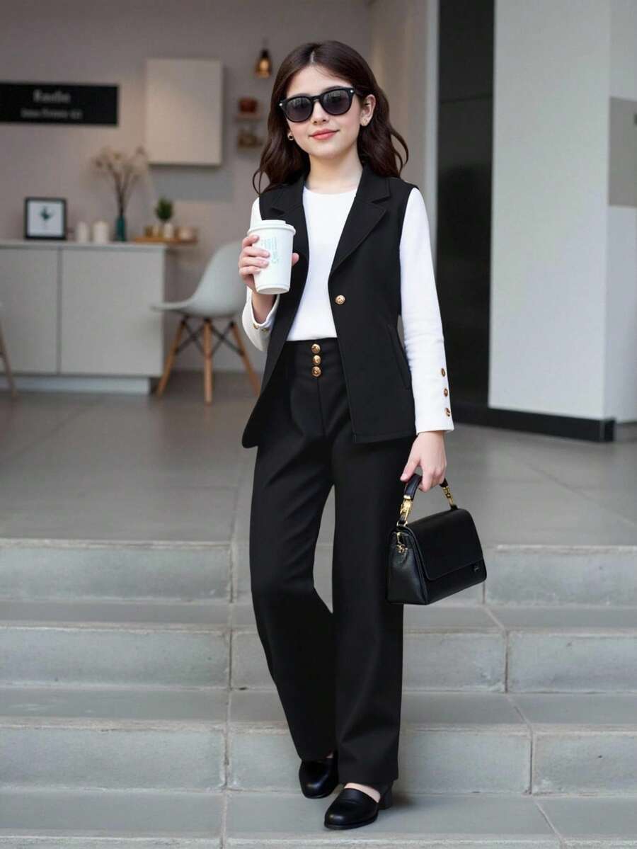 SHEIN 青少女3入組休閒無袖西裝外套，長袖上衣和長褲套裝