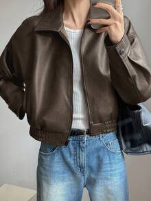 DAZY New Spring Distressed Leather Jacket Short Jacket Women, Regular Fit, Suitable For Valentine's Day Fall,Winter - Brown - View 5