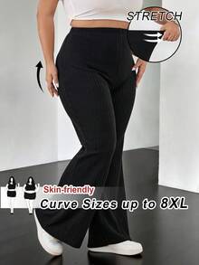 SHEIN CURVE+ 大尺碼女款羅紋布料休閒基本款黑色喇叭褲/秋冬季，2026 22W - 黑色 - 查看 1