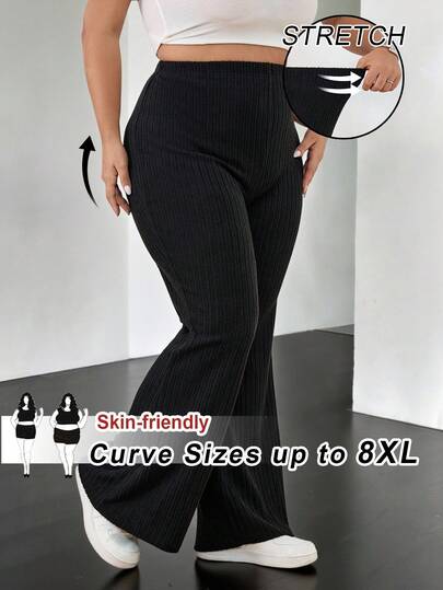 SHEIN CURVE+ Plus Size Women's Ribbed Fabric Casual Basic Black Flare Pants/Autumn /Winter