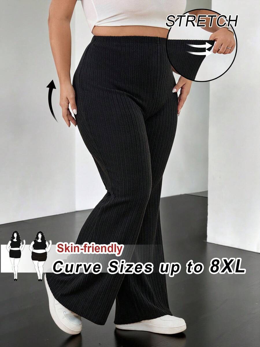 SHEIN CURVE+ 大尺碼女款羅紋布料休閒基本款黑色喇叭褲/秋冬季,2026 22W - 黑色 - 查看 1