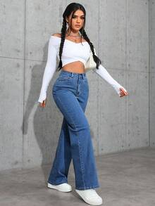 SHEIN PETITE 女士休闲水洗高腰牛仔裤 - 中等水洗藍 - 查看 5