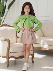 SHEIN Tween 女童纯色彼得潘领长袖宽松可爱衬衫 - 綠色 - 查看 4
