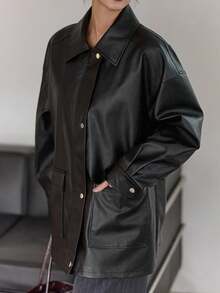 DAZY 女士PU皮革中长款休闲常规夹克女式外套