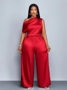 SOLERSUN 大码女装时尚，纯色，优雅，日常旅行，宽松休闲，简约缎面露肩不对称领口，肩部褶裥，短袖，阔腿连体裤。适合派对、音乐会、四季皆宜，圣帕特里克节、复活节等场合。 - 紅色 - 查看 4