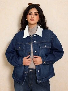 Elaquor Plus Size Denim Jacket With Thermal Lining, Fashion For Autumn/Winter - Medium Wash - View 8
