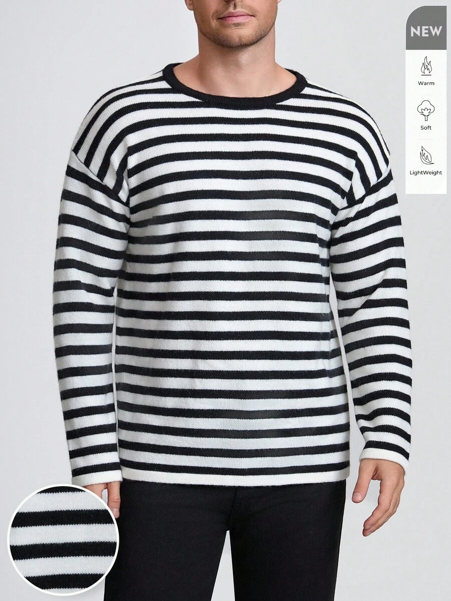 INAWLY Men's Casual Striped Round Neck Drop Shoulder Long Sleeve Knit Sweater, Autumn - Multicolor - View 1