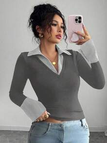 Elenzga Women's Plus Size Elegant Contrast Collar & Cuff Design Fitted High Stretch Ribbed Fabric Casual Long Sleeve Top - Multicolor - View 1