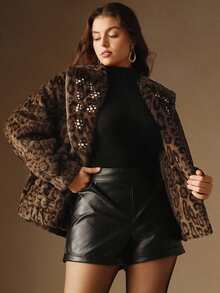 Anewsta Plus Size Women Leopard Print Beaded Padded Short Jacket, Autumn/Winter
