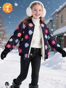 SHEIN 少女甜美清凉保暖外套，时尚印花休闲外套，适合上学、日常穿着和外出游玩 - 藏蓝色 - 查看 1