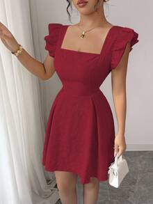 Elenzga Y2K美国独立日新季法式方领盖袖收腰夏季高端纹理花卉A字甜美迷你优雅办公室连衣裙，奶油黄色 - 酒紅色 - 查看 5