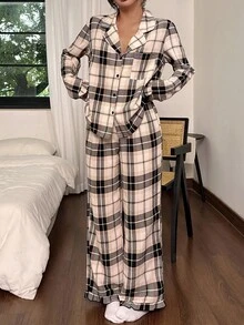 Napfluff 女士休闲格子印花荷叶边长袖睡衣套装，舒适优雅细节，秋冬服装 - 彩色 - 查看 2