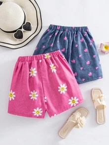 2件套女孩活力假期向日葵、爱心、笑脸仿牛仔印花不对称短裤，蓝色和粉色组合，适合夏季外出 - 彩色 - 查看 3