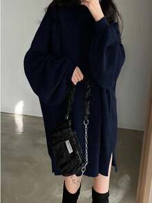 Almamuse Women's Solid Color High Neck Dropped Shoulder Long Sleeve Loose Knit Sweater Dress, Autumn/Winter - Navy Blue - View 4