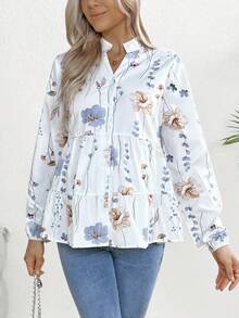 SHEIN 孕妇休闲花卉印花长袖纽扣衬衫，带多层下摆 - 彩色 - 查看 3