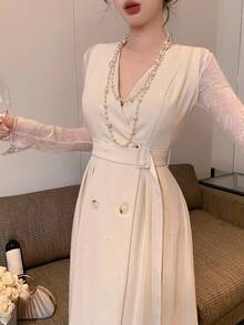 DAZY Women's Elegant V-Neck Sleeveless Belted Mid-Length Dress, Party Wear - Beige - View 1