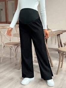 SHEIN Pantaloni sport largi pentru maternitate, culoare solidă, cu talie reglabilă, cu picior larg