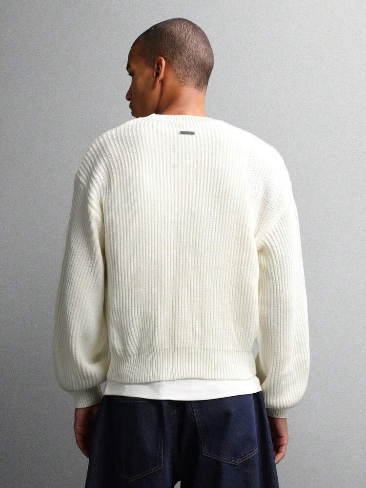 Textured Crew Neck Cable Knit Jumper With Ribbed Cuffs