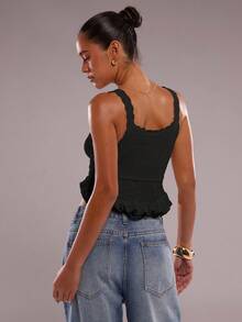 SHEIN BAE Sleeveless Frill Trim Solid Color Cropped Knit Top For Women - Black - View 2
