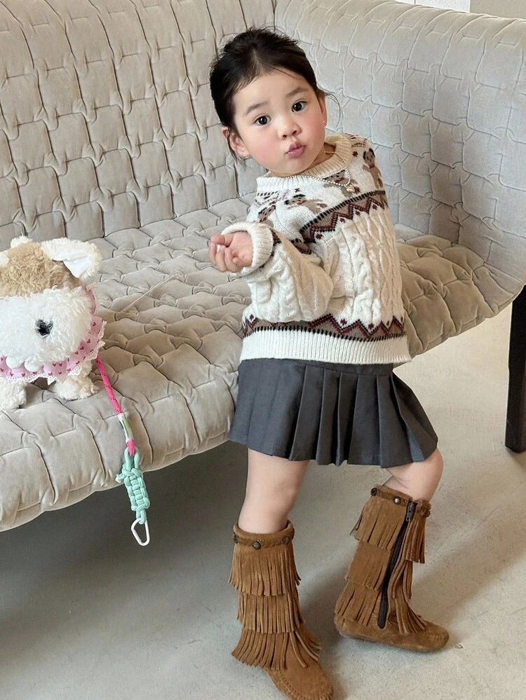 Baby Girl Round Neck Cartoon Bear Contrast Color Cute Sweater,New Year,Christmas Toddler Girls Clothes