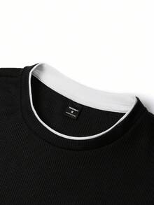 Manfinity Homme 男士纯色华夫格针织二合一 T 恤，男士长袖上衣，秋季 - 黑色 - 查看 6