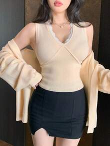 DAZY 2 件套女士优雅蕾丝拼布吊带背心开衫毛衣套装，秋季 - 杏色 - 查看 4