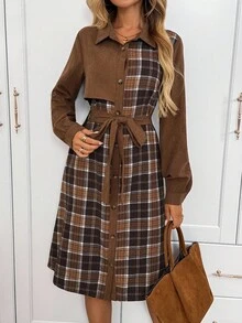 SHEIN LUNE 女式休闲格子腰带长袖衬衫裙秋季连衣裙秋季连衣裙咖啡棕色连衣裙大地色连衣裙棕色女装秋季女装女装冬季女装秋季女装女装优雅商务休闲女装棕色女式工作服棕色连衣裙冬季连衣裙女式格子连衣裙 - 彩色 - 查看 5