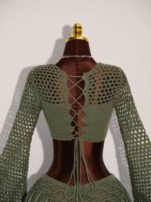 Amplova Bộ 2 món áo len tay loe khoét lỗ màu trơn gợi cảm siêu ngắn có tua rua trang trí thời trang nữ - xanh quân đội - Xem 6