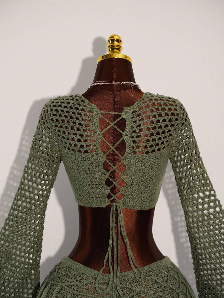 Amplova Women's Fashion Sexy Solid Color Hollow Out Flare Sleeve Super Short Sweater With Tassel Decor Knit Shorts 2 Pieces Set - Army Green - View 6