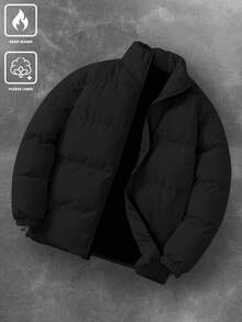 Manfinity EMRG Men's Long Sleeve Solid Color Stand Collar Winter Coat, Solid Color Fleece Warm Winter Coat, For Fall - Black - View 1