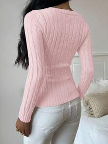 SHEIN EZwear Women's Autumn Cartoon Bear Embroidery & Twist Cable Pattern V-Neck Long Sleeve Fitted Sweater,Fall Women Sweaters Pullover For Women Cute Long Sleeve Tops Women Sweaters Pink Sweater - Pink - View 2