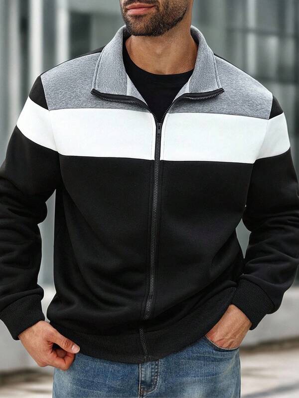 ResortEase Plus Size Men's Casual Contrast Color Patchwork Zip-Up Hoodie , Fall Winter