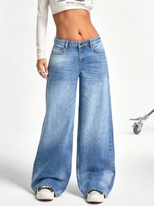 EURMUSE Quần jeans ống rộng cạp thấp màu xanh thời trang, rộng rãi, thường ngày, giặt nhiều dành cho nữ - Rửa trung bình - Xem 5