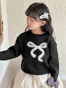 DAZY 少女圆领蝴蝶结休闲毛衣，秋季 - 黑色 - 查看 8