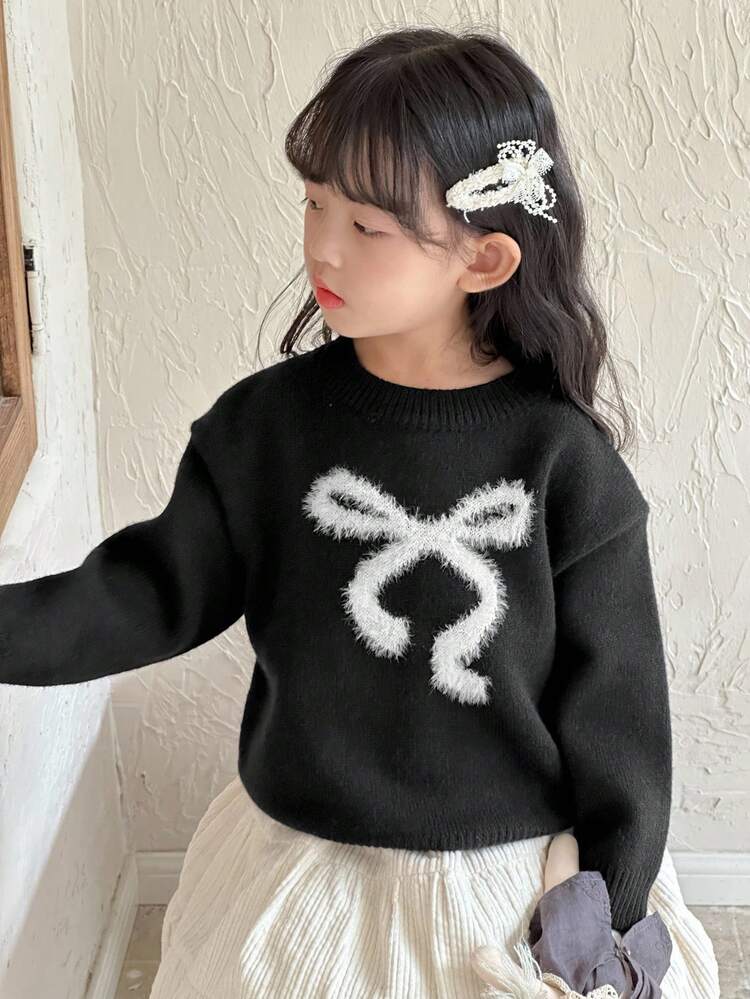 Young Girl' Round Neck Bow Casual Sweater, Fall