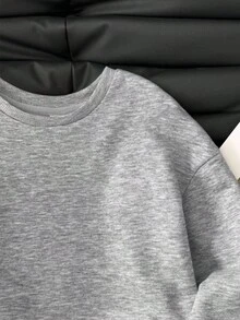 SHEIN Tween Girls 深灰色短款连帽衫，高腰长袖休闲简约纯色运动衫，适合秋冬日常休闲穿着 - 灰色 - 查看 10
